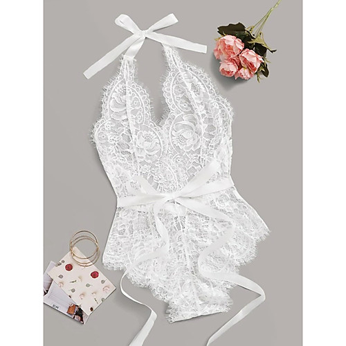 

Women's Lace Hole Bodysuits Nightwear Solid Colored Bra & Panty Set White S M L