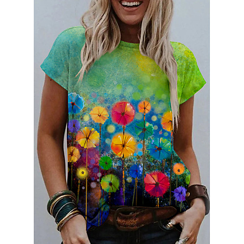 

Women's T shirt Graphic Floral 3D Print Round Neck Tops Basic Basic Top Green
