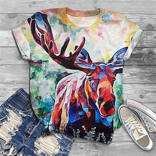

Women's Plus Size Print Graphic Deer Animal T shirt Large Size Round Neck Short Sleeve Tops Big Size