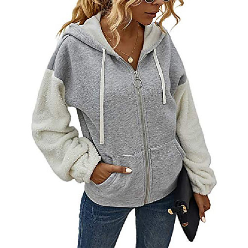 

Women's Casual Cozy Fuzzy Faux Shearling Fleece Zip Up Hoodie Jacket Outwear with Pockets (Gray)-XL