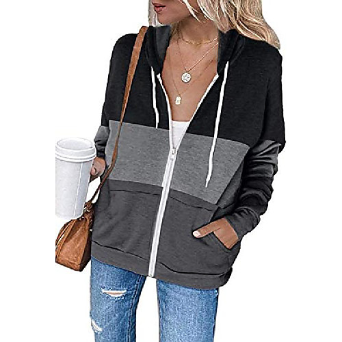 

Womens Long Sleeve Zip Up Hoodie Jacket Plus Size Color Block Drawstring Casual Sweatshirt Tops with Pockets