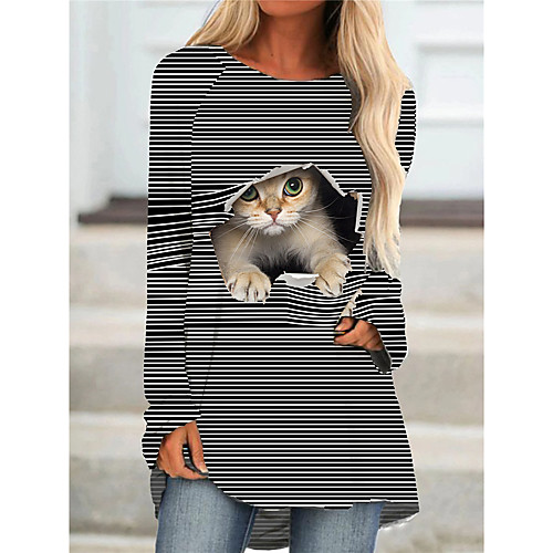 

Women's T Shirt Dress Tee Dress Short Mini Dress Long Sleeve Striped Cat Color Block Print Fall Spring Casual 2021 B Black Blue Yellow Green Dark Grey Gray S M L XL XXL 3XL