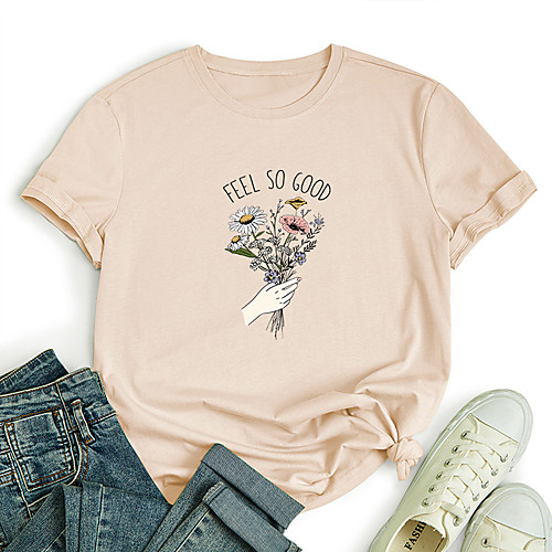 

Women's T shirt Floral Letter Print Round Neck Tops 100% Cotton Basic Basic Top White Black Red