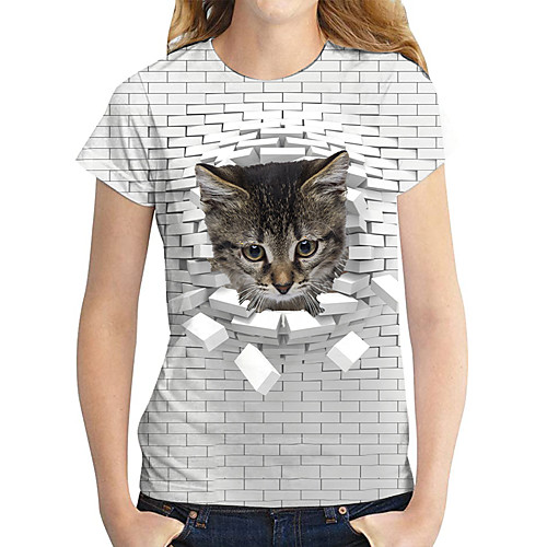 

Women's T shirt Cat Graphic 3D Print Round Neck Tops Basic Basic Top Gray