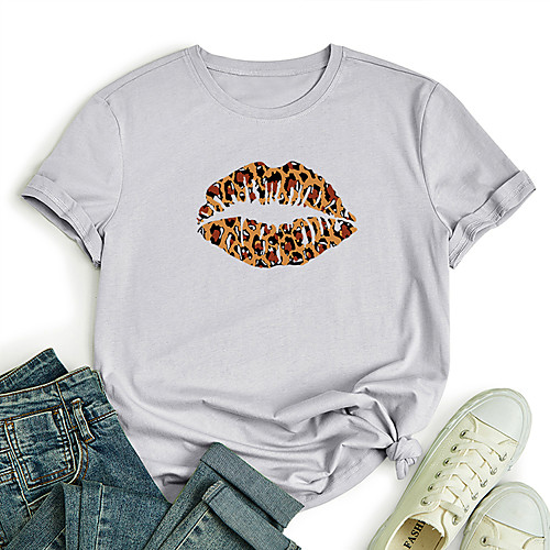 

Women's T shirt Graphic Leopard Lips Print Round Neck Tops 100% Cotton Basic Basic Top White Black Blue