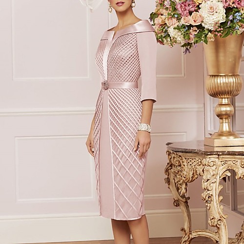 

Sheath / Column Mother of the Bride Dress Elegant Jewel Neck Knee Length Satin 3/4 Length Sleeve with Sash / Ribbon Crystal Brooch 2021