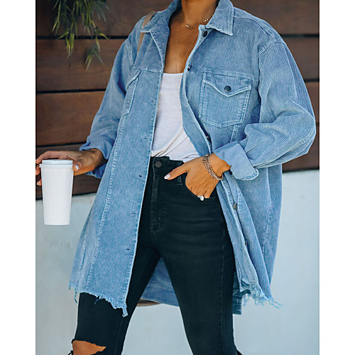 

Women's Solid Colored Oversized Vintage Spring & Fall Jacket Long Daily Long Sleeve Corduroy Coat Tops Blue