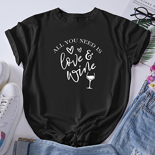 

Women's T shirt Graphic Letter Print Round Neck Tops 100% Cotton Basic Basic Top Black Blue Red