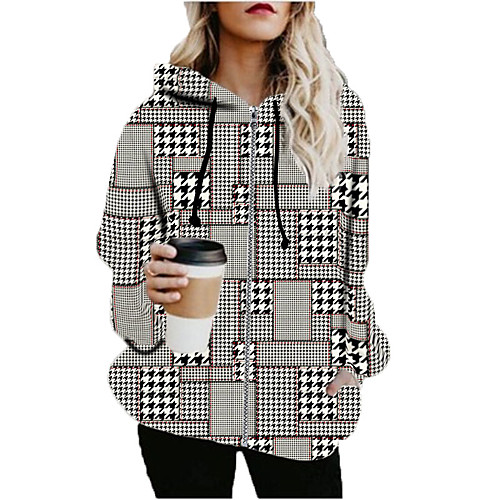 

Women's Plaid Print Fall & Winter Hoodied Jacket Long Sports Long Sleeve Cotton Blend Coat Tops Khaki
