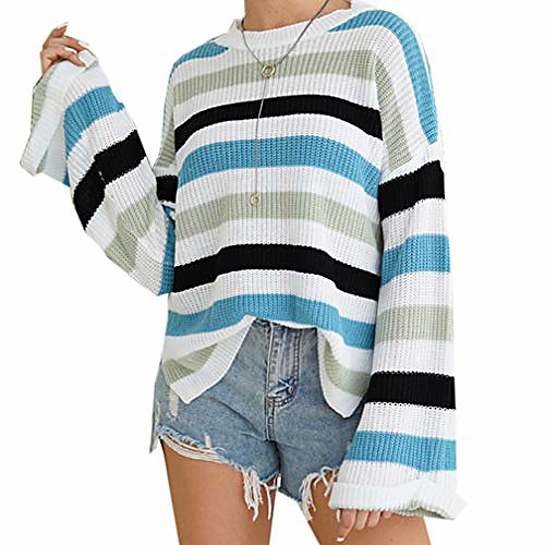 

Women Soft Knitted Sweaters Rainbow Stripe Batwing Sleeve Crew Neck Loose Pullover Casual Chunky Jumper Tops (Blue,XL)