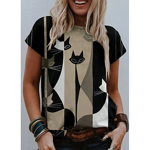 

Women's T shirt Cat Graphic Print Round Neck Tops Basic Basic Top Black