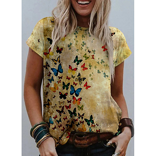 

Women's T shirt Graphic Butterfly Print Round Neck Tops Basic Basic Top Yellow