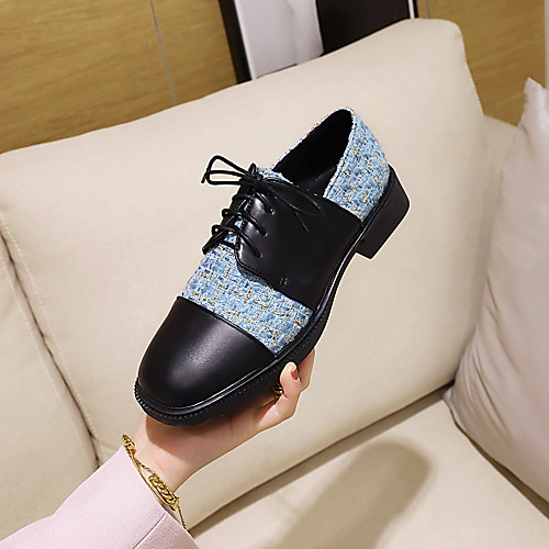 

Women's Oxfords Chunky Heel Square Toe Vintage Preppy Daily Party & Evening Linen PU Lace-up Color Block Black Beige Light Blue