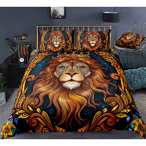 

3-Piece Duvet Cover Set Hotel Bedding Sets Comforter Cover with Soft Lightweight Microfiber, Include 1 Duvet Cover, 2 Pillowcases for Double/Queen/King(1 Pillowcase for Twin/Single) India Lion