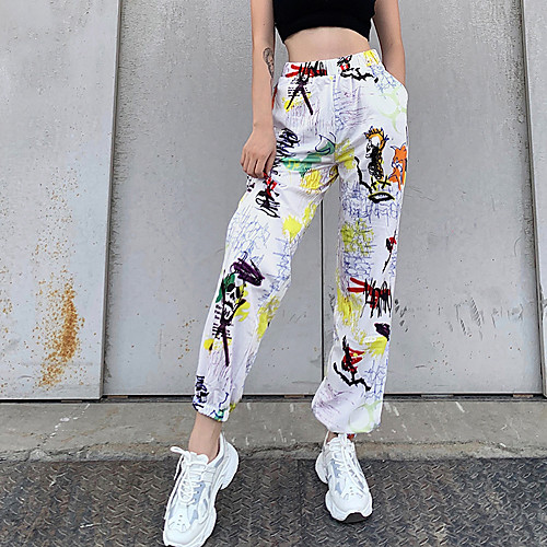 

Women's Casual / Sporty Streetwear Comfort Casual Going out Sweatpants Pants Graffiti Ankle-Length Pocket Print White