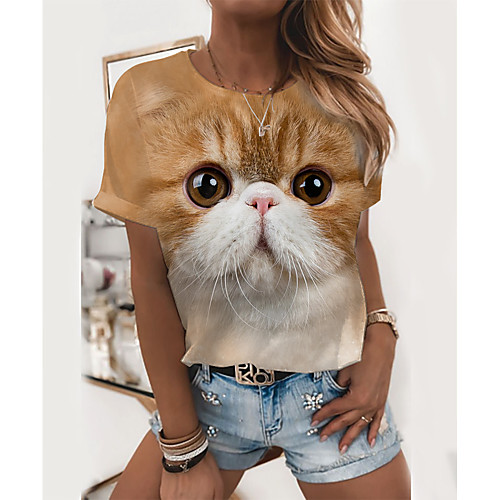 

Women's T shirt Cat Graphic 3D Print Round Neck Tops Basic Basic Top Yellow