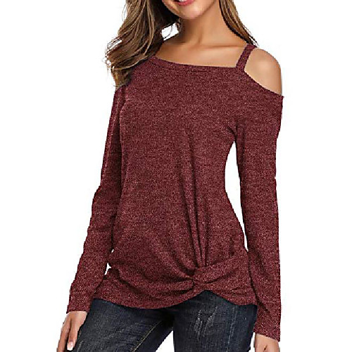 

Cold Shoulder Tops Long Sleeve Ribbed Knit Knot Front Tunic Sweater Jumper (Burgundy S)