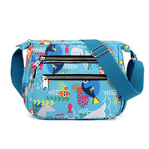 

Women's Bags Nylon Crossbody Bag Zipper Printing Daily Going out 2021 MessengerBag Ink painting Clownfish Blue peony Black peony