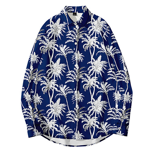 

Men's Shirt 3D Print Coconut Tree Button-Down 3D Print Long Sleeve Daily Tops Casual Fashion Hawaiian Navy Blue