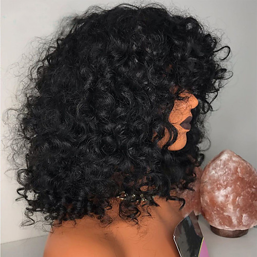 

Human Hair Wig Curly Bouncy Curl With Bangs Natural Women For Black Women curling Capless Brazilian Hair Women's Natural Black 10 inch 12 inch 14 inch Party / Evening Daily Wear Vacation