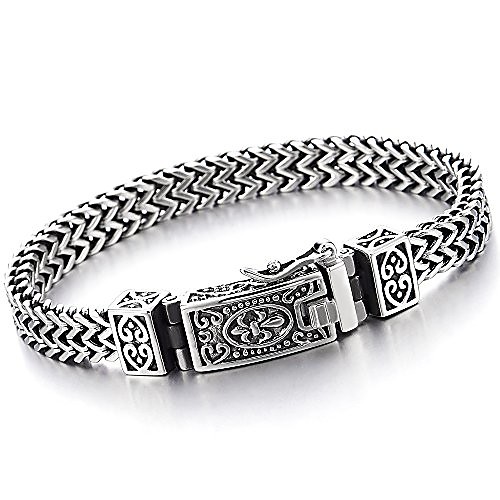 

Stainless Steel 8.5 in Franco Link Curb Chain Bracelet for Men Vintage Fleur de Lis Spring Box Clasp