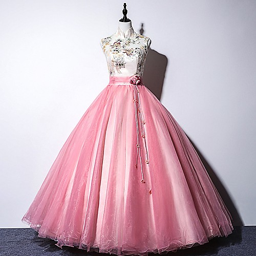 

Ball Gown Chinese Style Floral Quinceanera Prom Dress Stand Collar Sleeveless Floor Length Tulle with Pleats Embroidery 2021