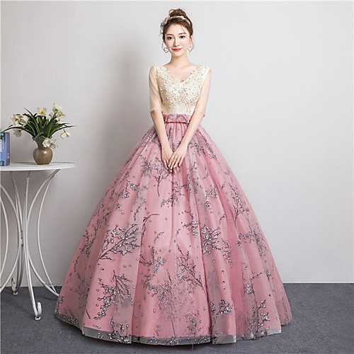 

Ball Gown Elegant Floral Quinceanera Prom Dress V Neck Half Sleeve Floor Length Tulle with Beading Appliques 2021