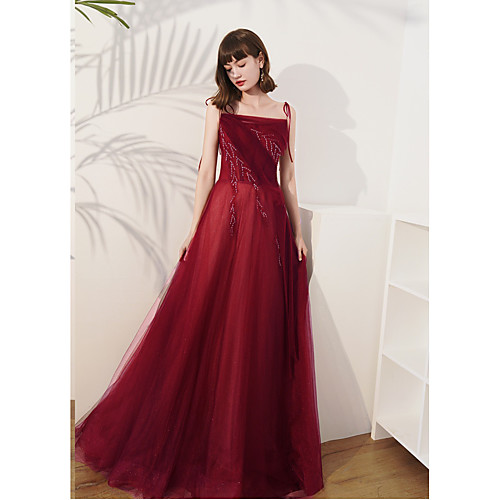 

A-Line Sparkle Sexy Engagement Prom Dress Spaghetti Strap Sleeveless Floor Length Tulle with Pleats Sequin 2021