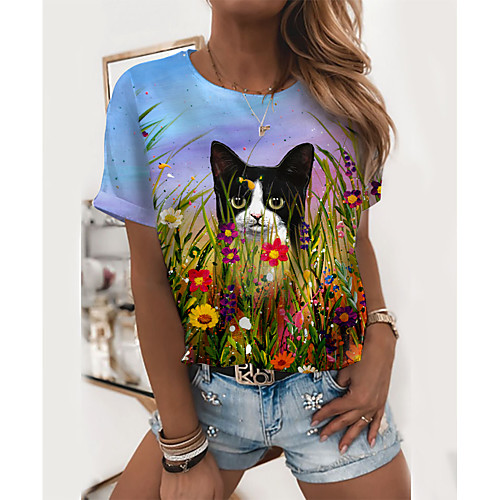 

Women's T shirt Cat Graphic 3D Print Round Neck Tops Basic Basic Top Blue