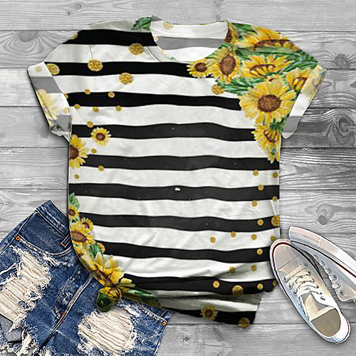 

Women's Plus Size Print Striped Graphic Floral T shirt Large Size Round Neck Short Sleeve Tops Big Size