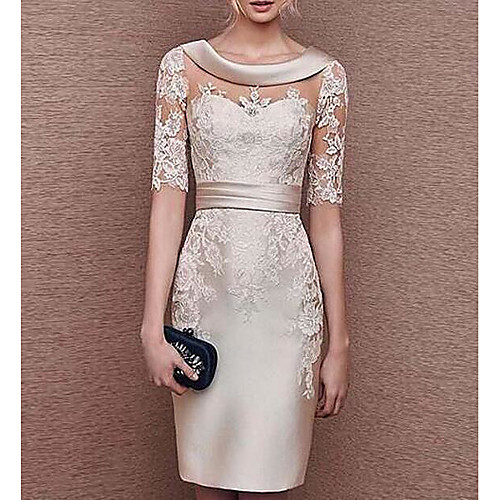 

Sheath / Column Mother of the Bride Dress Elegant Jewel Neck Knee Length Stretch Satin Short Sleeve with Appliques 2021