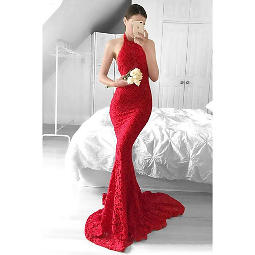 

Mermaid / Trumpet Beautiful Back Sexy Party Wear Formal Evening Dress Halter Neck Sleeveless Sweep / Brush Train Lace with Lace Insert 2021