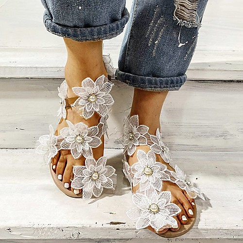 

Women's Sandals Boho Bohemia Beach Flat Heel Open Toe Flat Sandals Casual Daily Walking Shoes Canvas White