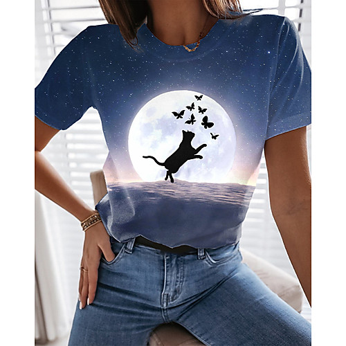 

Women's T shirt Cat Graphic Butterfly Print Round Neck Tops Basic Basic Top Blue