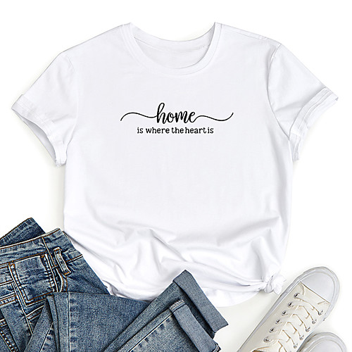 

Women's T shirt Graphic Text Letter Print Round Neck Tops 100% Cotton Basic Basic Top White Blue Red