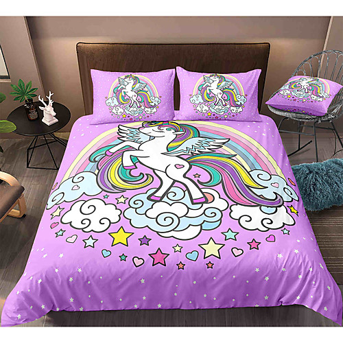 

Cartoon Unicorn 3-Piece Duvet Cover Set Hotel Bedding Sets Comforter Cover with Soft Lightweight Microfiber, Include 1 Duvet Cover, 2 Pillowcases for Double/Queen/King(1 Pillowcase for Twin/Single)