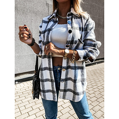 

Women's Plaid Spring & Fall Jacket Regular Daily Long Sleeve Cotton Blend Coat Tops White