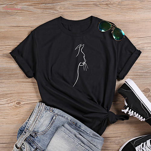 

Women's T shirt Cat Letter Print Round Neck Tops 100% Cotton Basic Basic Top White Black Purple