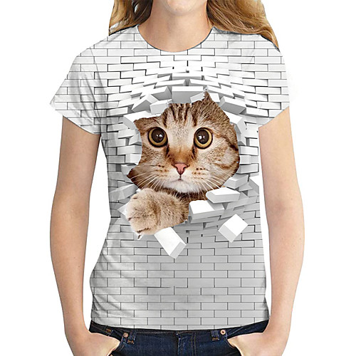 

Women's T shirt Cat Graphic 3D Print Round Neck Tops Basic Basic Top Gray
