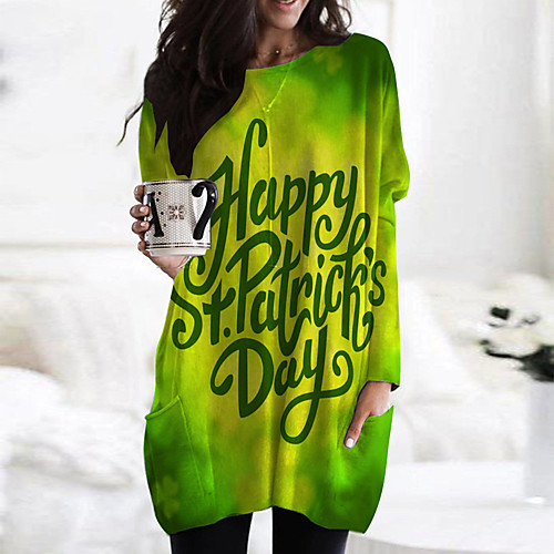 

Women's Shift Dress Short Mini Dress Green Long Sleeve Print Color Block Letter Print Fall Spring Round Neck Casual 2021 S M L XL XXL 3XL