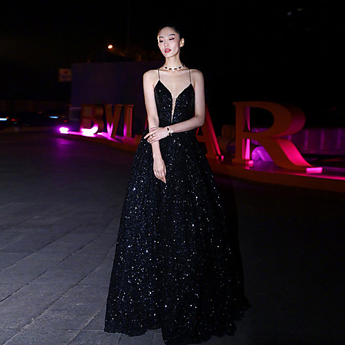 

A-Line Sparkle Sexy Wedding Guest Formal Evening Dress V Neck Sleeveless Floor Length Sequined with Sequin Draping 2021