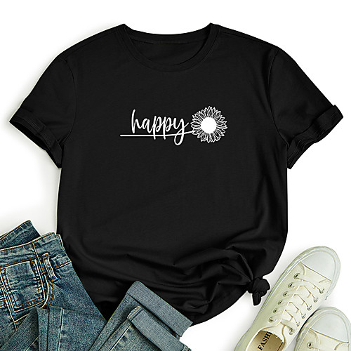 

Women's T shirt Plants Graphic Letter Print Round Neck Tops 100% Cotton Basic Basic Top Black Blue Red