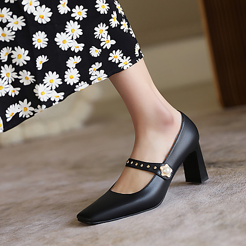 

Women's Heels Chunky Heel Square Toe Business Minimalism Daily Party & Evening PU Rivet Buckle Solid Colored White Black Beige