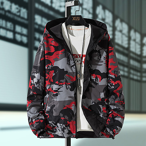 

Men's Camouflage Hunting Jacket Hiking Windbreaker Outdoor Camo Lightweight Breathable Quick Dry Soft Jacket Top Full Length Visible Zipper Fishing Climbing Running Red Blue Grey Dark Green