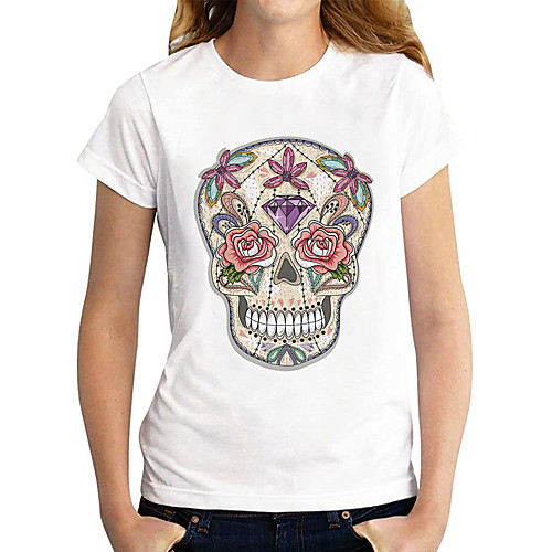

Women's T shirt Graphic Skull Print Round Neck Tops Basic Basic Top White