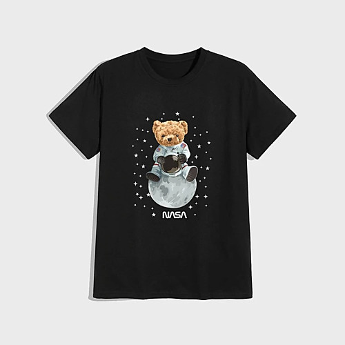 

Men's T shirt Hot Stamping Bear Animal Print Short Sleeve Casual Tops 100% Cotton Casual Fashion Black