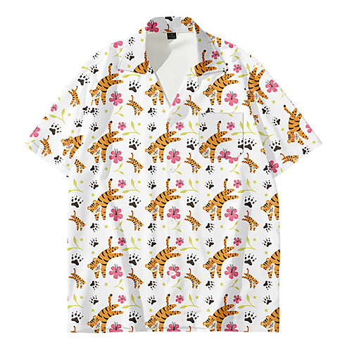 

Men's Shirt 3D Print Tiger Animal Button-Down 3D Print Short Sleeve Daily Tops Casual Fashion Hawaiian White Yellow