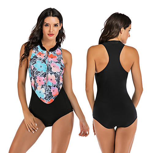 

Women's One Piece Swimsuit Swimwear Breathable Quick Dry Sleeveless Front Zip - Swimming Surfing Water Sports Painting Autumn / Fall Spring Summer