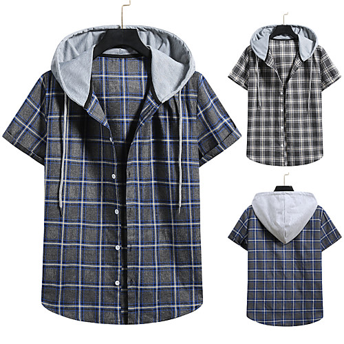 

Men's Shirt non-printing Lattice Color Block Plus Size Drawstring Short Sleeve Daily Tops Vintage Streetwear Black Navy Blue