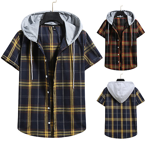 

Men's Shirt non-printing Lattice Color Block Plus Size Drawstring Short Sleeve Daily Tops Vintage Streetwear Black Navy Blue